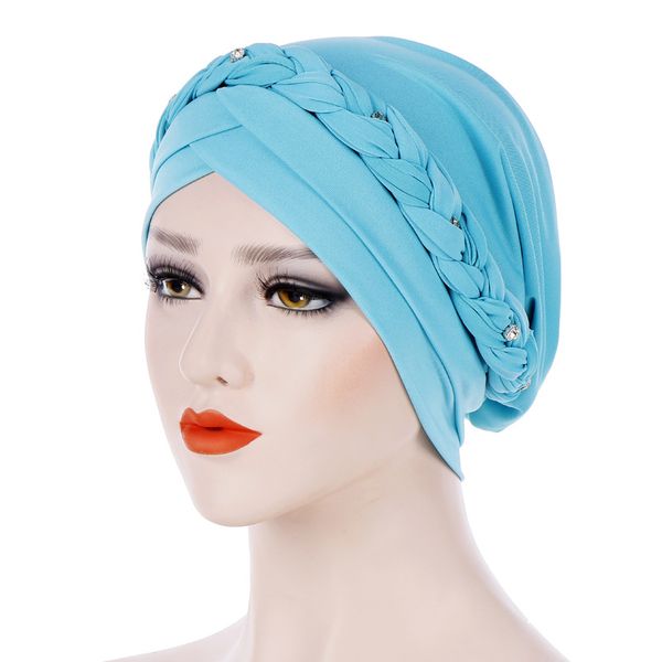 

muslim drill rhinestone hijab braid cross silky turban hats for women cancer chemo beanies cap headwrap headwear hair accessories, Blue;gray