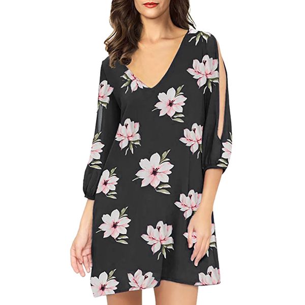 

stylish bar women spring summer v neck chiffon printing beach dress ladies casual long sleeve dresses party loose dress h25, Black;gray