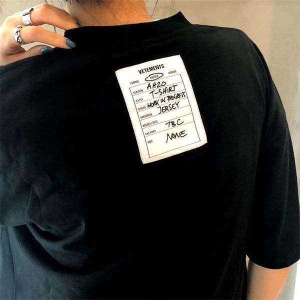 

20ss luxury europe france vetements back material label patchwork tshirt fashion mens designer t shirts women clothes casual cotton tee, White;black