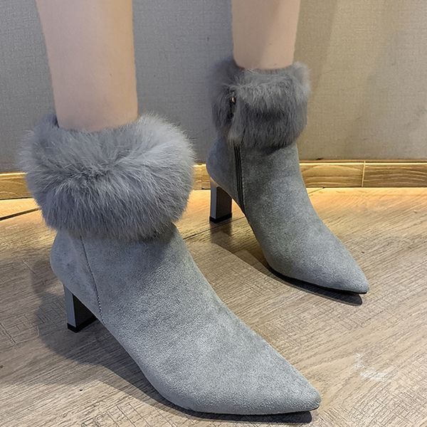 

rimocy faux suede pointed toe ankle boots for women winter gray black short plush boots woman fashion square heels botas mujer
