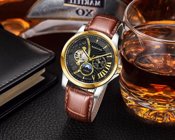 

mes's automatic mechanical leather watches men 2019 brand watch roman numerals business clock men relogio masculino saat, Slivery;brown