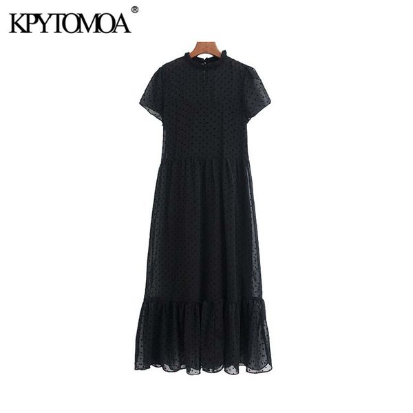 

vintage stylish polka dot chiffon midi dress women 2020 fashion o neck short sleeve female dresses casual vestidos mujer, Black;gray