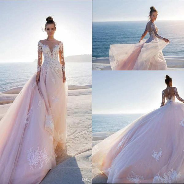 Discount Light Pink Sheer Long Sleeves Lace Beach Wedding Dresses 2020 Mesh Top Applique Boho Bridal Gowns Bridal Wedding Gowns With Buttons Bridal