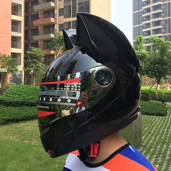 

2017 lovely cat ears motorcycle helmet black helmet racing antifog personality design full face capacete moto casco