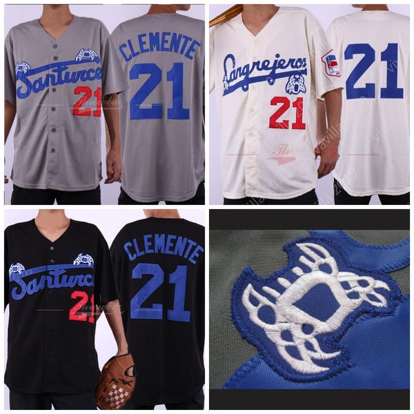 

Mens SANTURCe CRABBERs Puerto Ricos 21 Roberto Clemente HOF patch Movie Jersey Roberto Clemente black white Gray Stitched baseball Jerseys