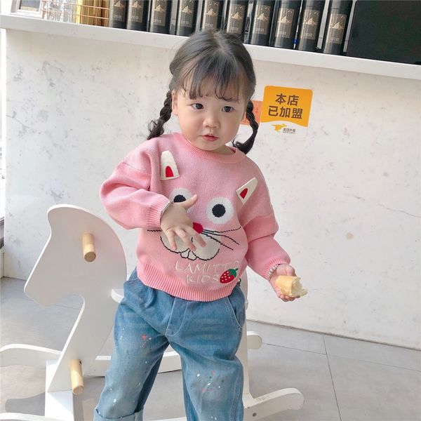 

tonytaobaby new autumn and winter clothes for girls and children pink lovely strawberry rabbit sweater baby girl sweater, White