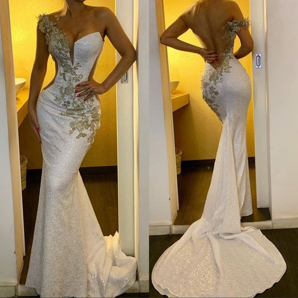 

prom dress with gold lace sequined 2020 one shoulder mermaid evening dresses formal party gowns dubai arabic wear, Black