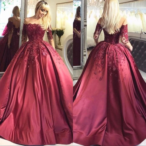 

dark red off the shoulder ball gown quinceanera party dresses floral sweet 16 long sleeves lace-up applique pearls beads evening gowns, Blue;red
