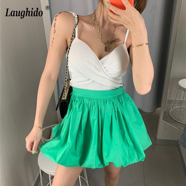 

laughido fashion high waist pleated skirts women mini slim lantern skirts female 2019 casual bottom club party skirt girls, Black