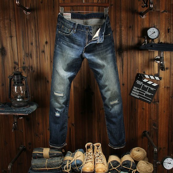 

vintage designer men jeans blue color white wash destroyed ripped jeans men slim fit fashion classical