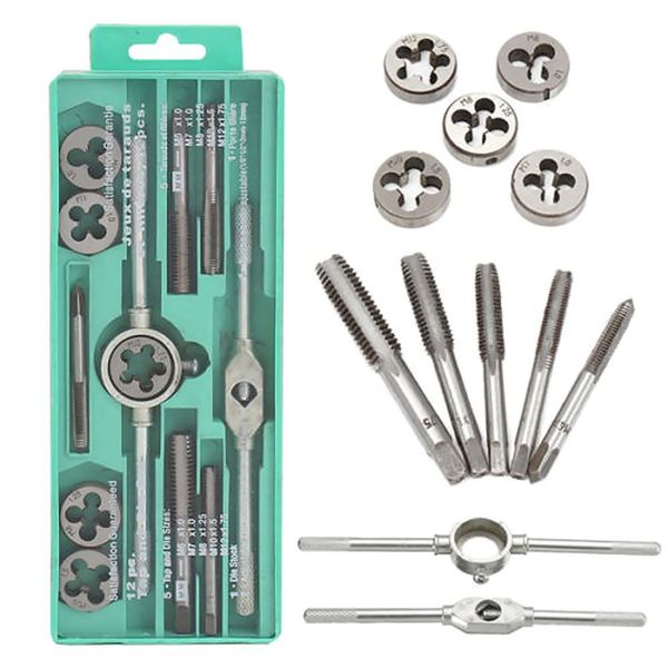

12pcs tap dies set adjustable metric carbon steel hand screw taps holder thread gauge wrench tool for car repair