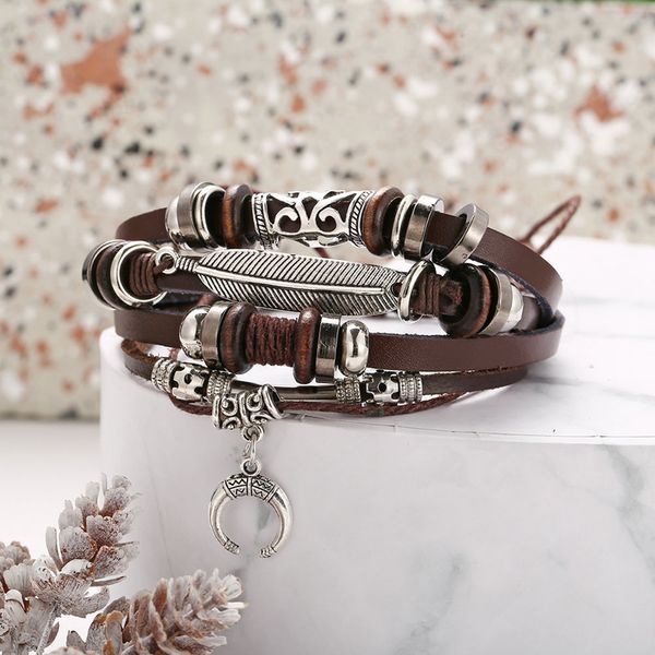 

brown color wing moon leather bracelets & bangle for men women vintage feather multiple braided bracelets wrap wristband jewelry, White
