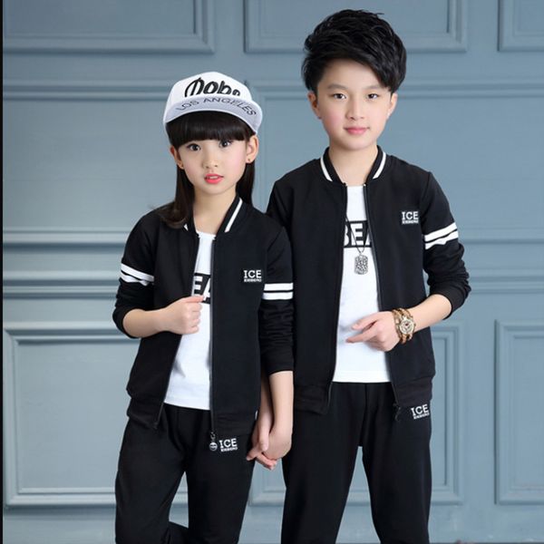 

children's clothing 3 pcs set spring fall boys & girls sports tracksuit kids casual coat + t-shirt + pants sportwear clothes p46, White