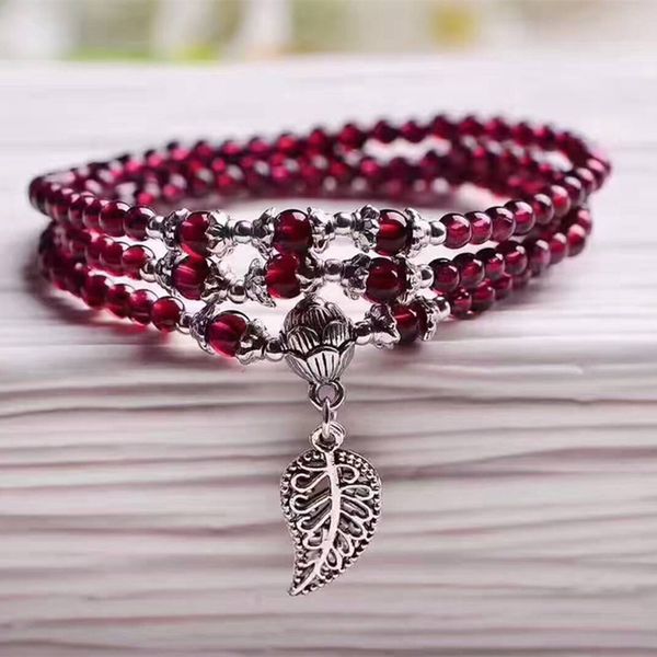 

wholesale wine red garnet natural stone bracelets beads tibetan silver leaf pendant women beauty bracelet multilayer jewelry, Golden;silver