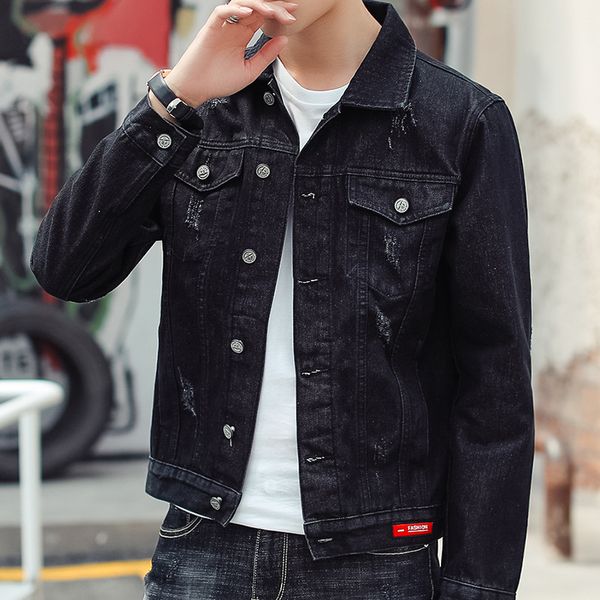 

2020 new men's cultivate one's morality denim jacket youth fashion joker black denim jacket, Black;brown