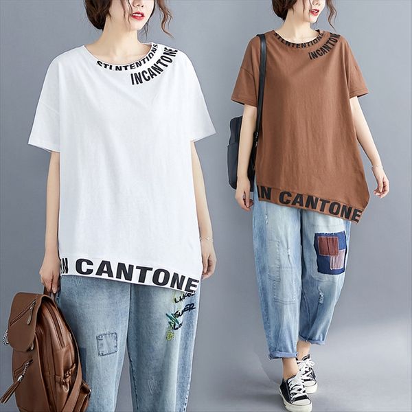 

2020 summer clothes loose large size letter clothing printing irregular t-shirt women's short sleeve fy1743 2020 summer clothes loose l, White