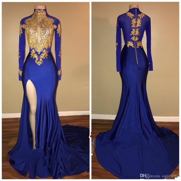 

2020 new high thigh split black girls evening gowns arabic gold appliques high collar prom dresses mermaid vintage long sleeves vestido