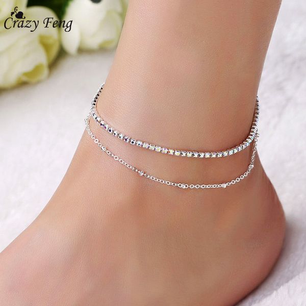 

summer trendy anklets silver color double chain crystal barefoot jewelry for women colorful beach foot anklet leg bracelet 2017, Red;blue