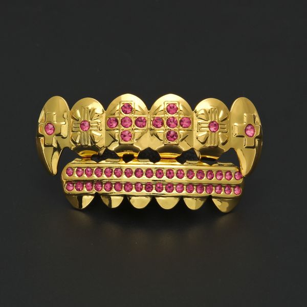 

hip hop gold teeth grillz blue red pink rhinestone cross men faux bottom tooth vampire grills for women rapper body jewelry, Slivery;golden