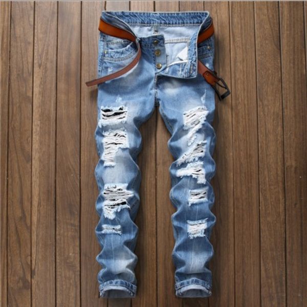 

mens jeans high street style hole distrressed slim feet pencil pants male jeans asian size 28-38, Blue