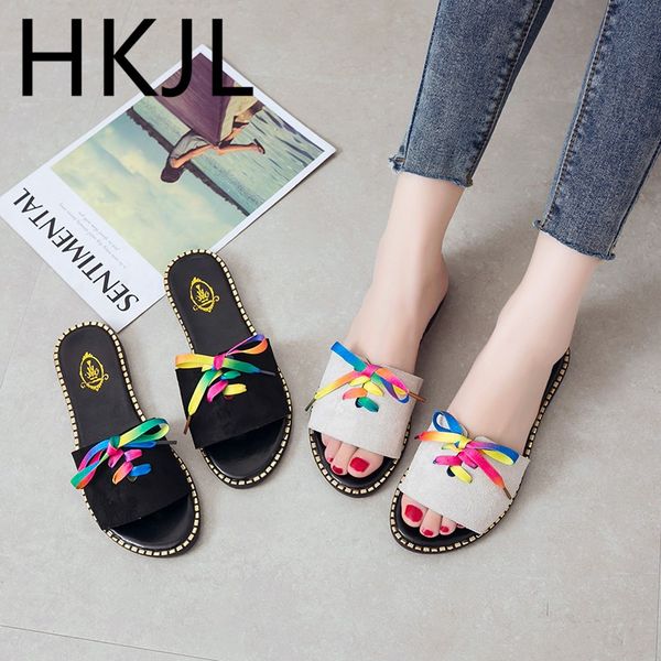 

hkjl 2019 summer cool slippers new fashion round head tie slip - resistant casual versatile beach slippers a728, Black