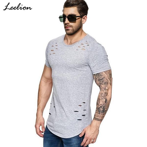 

icelion 2019 new spring short t shirt men fashion hole design fitness t-shirt summer short sleeve solid slim fit hip hop tshirt, White;black