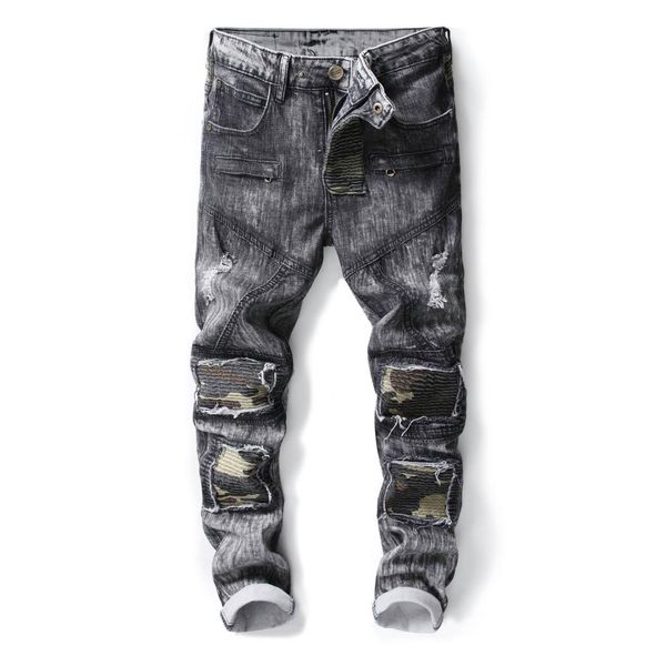 

men snow wash gray army camo patched jeans long pants fashion cool trendy washed color, Blue