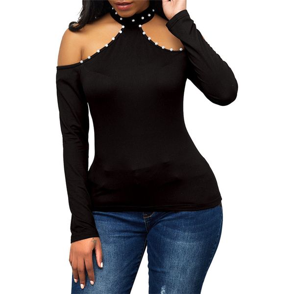 

pearls shoulder pearls strapless sleeved club shirts womens long t solid color shirts fashion womens t slim tees designer vnhue, Black