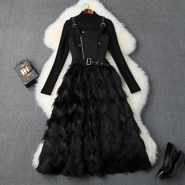 

european and american women's clothing 2019 winter new style long sleeve t-shirt eyelash halter dress fashion suits, White