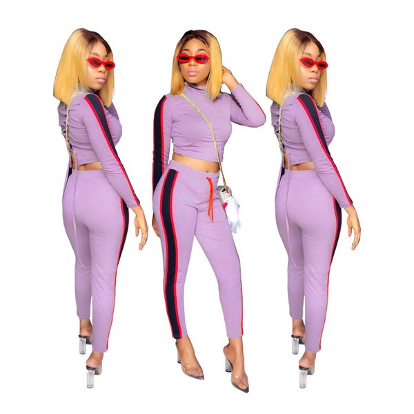 

fashion womens tracksuits skinny striped two piece sets bandage candy colors long sleeve pullover and jogger pants set, Gray