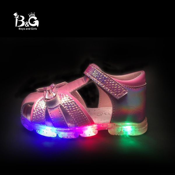 

b&g led light girl princess children sandles soft kids shoes breathable antislip girls dancing shoes t200411, Black;red
