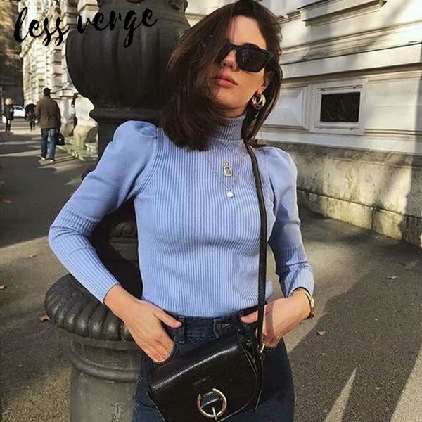 

lessverge puff sleeve blue knitted sweater autumn women casual turtleneck black jumper winter female elegant slim basic pullover, White;black