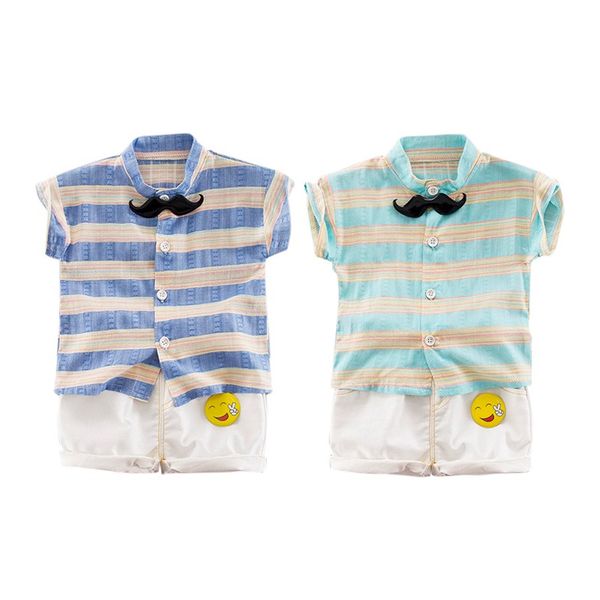

new summer children casual outfits sets baby boys short sleeve stripe beard blouse shirt+shorts kids sets, White