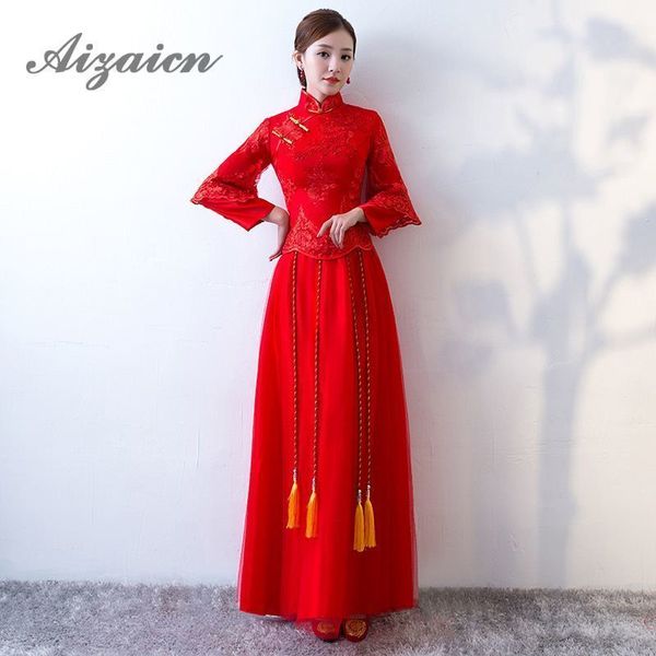 

red bride lace long cheongsam china femme marry vintage gown qi pao chinese wedding dress qipao robe orientale women dresses
