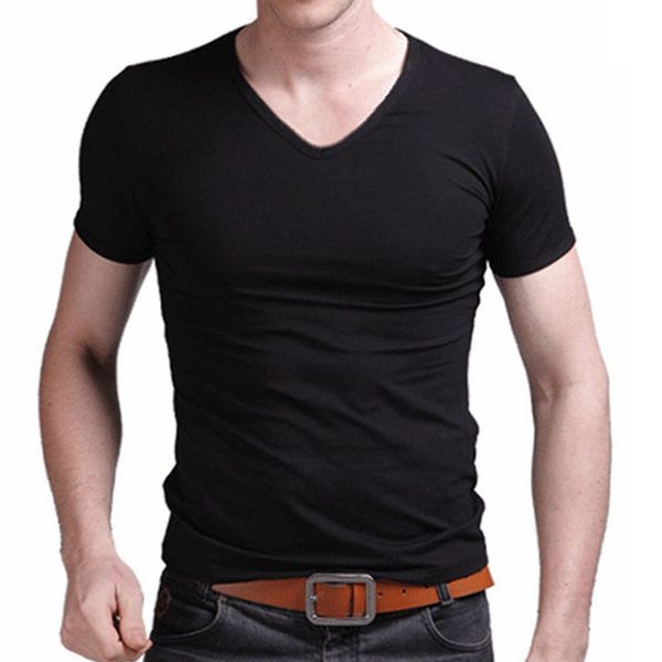 

men's summer t-shirt solid black white simple short sleeve v-neck korean style slim fit casual tees male clothes t shirts, White;black