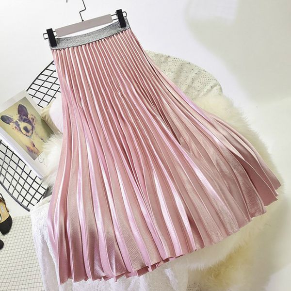 

spring metallic glossy a-line pleated maxi long skirts drape solid satin swing ankle long pleated skirts pink blue burgundy, Black