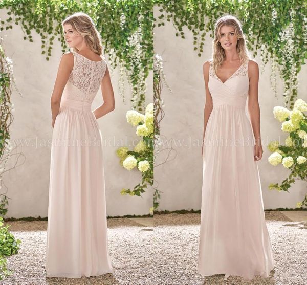 

lace chiffon bridesmaid dresses v neck a line long maid of honor gowns country wedding guest dresses custom made, White;pink