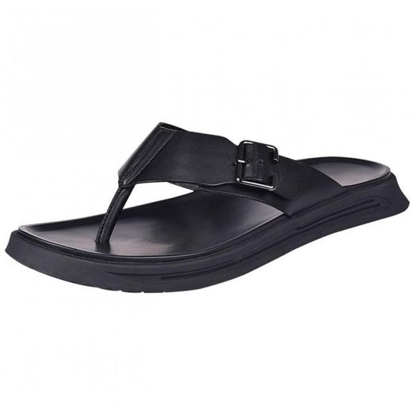 

men summer genuine leather slippers beach flip flops sandals black luxury mens slides metal buckle outdoor slipper designer shoe