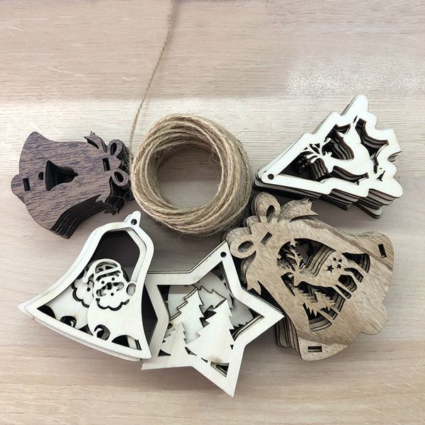 

10pcs new year natural wood christmas tree ornament wooden hanging pendants gifts snow elk christmas decoration for home navidad