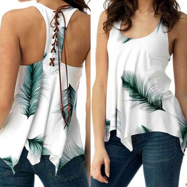 

womens summer plus size tank vintage feather print racerback lace up bandage vest pleated irregular hem tunic t-shirt s-5xl, White