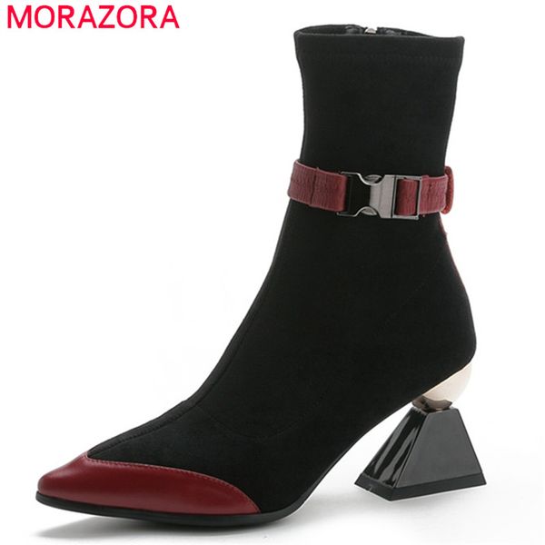 

morazora 2020 new arrival genuine leather shoes women ankle boots unique high heels boots autumn party dress shoes woman, Black