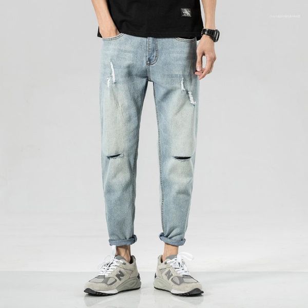

hole solid hiphop male trousers casual high street boys straight pants spring ripped blue mens jeans distrressed
