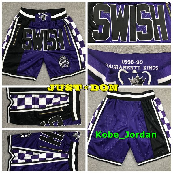 

mens just don pocket basketball shorts retro stitched 1998-99 purple pocket sacramento kings shorts lining mesh sports sweatpants, Black