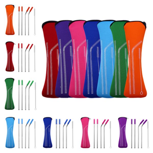 

fashion 6pcs/ set of 215mm straws portable silica gel head cover stainless steel straws neoprene travel drinking straws t2i5151