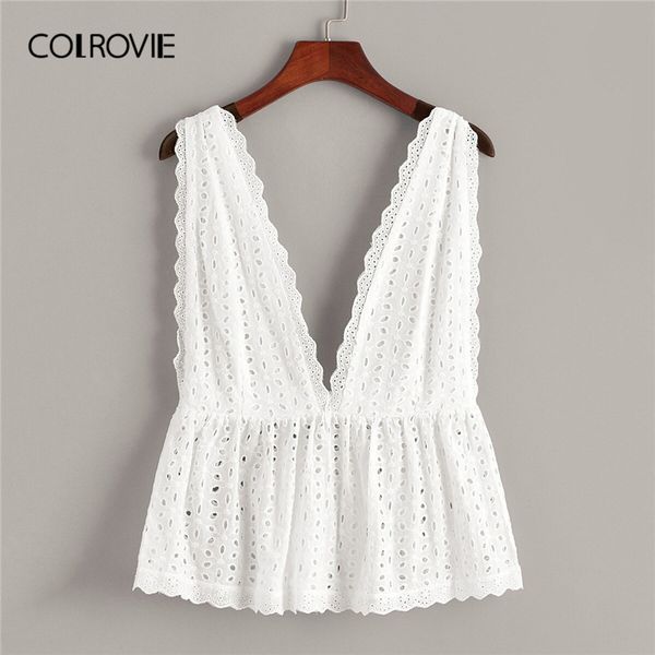 

colrovie white solid schiffy ruffle hem deep v neck boho women clothes 2019 summer korean girly tee shirts holiday vest