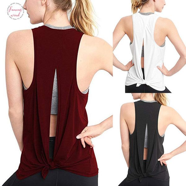 

30 women open back sport tank solid shirts tie solid workout racerback gym vest camis haut femme mujer, White
