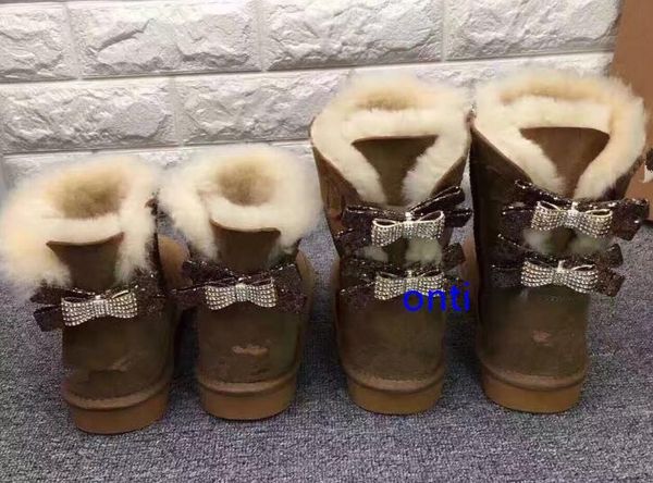 

классическая австралия wgg single double diamond snow boots женский зимний кожаный лук горный хрусталь корона теплая толстая хлопчатобумажна, Black
