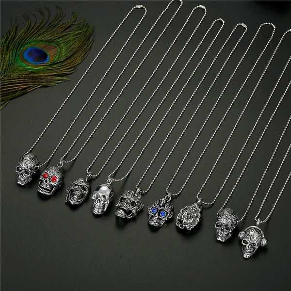 

1pc punk gothic red zircon eye skull pendant necklace for men women vintage retro skeleton buddha bead necklace mens jewelry n92, Silver
