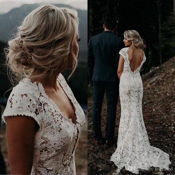 Design simples novo laço branco sereia vestidos de casamento país vintage decote em v praia vestidos de noiva vestidos de novia baixa volta boho estidos