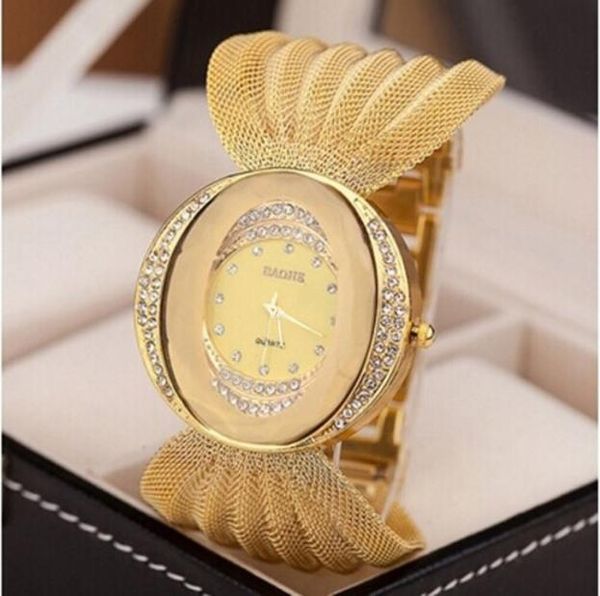 

european style ladies bracelet watch gold rhinestone quartz watch in women luxury design orologio da donna zegarek damski montre, Slivery;brown